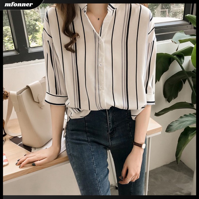 Áo Sơ Mi Tay Lửng Cổ Chữ V Dáng Rộng Họa Tiết Kẻ Sọc Thời Trang Cho Nữ