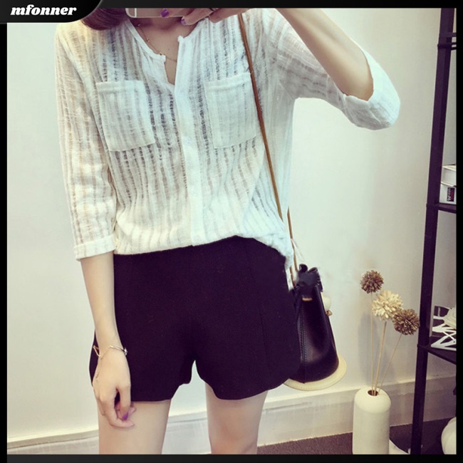 Áo Sơ Mi Nữ Dáng Rộng Cổ Chữ V Thoáng Khí Họa Tiết Kẻ Sọc Dọc Thời Trang