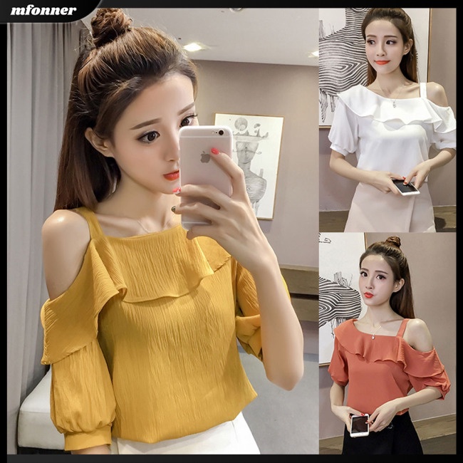 Áo Thun Trễ Vai Phối Bèo Màu Sắc Trơn Quyến Rũ Cho Nữ