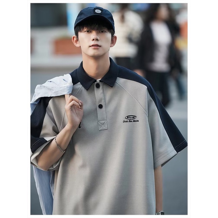 Áo polo Tay Ngắn Dáng Rộng Phối Màu Tương Phản Thời Trang Mùa Hè Phong Cách Mỹ Cho Nam