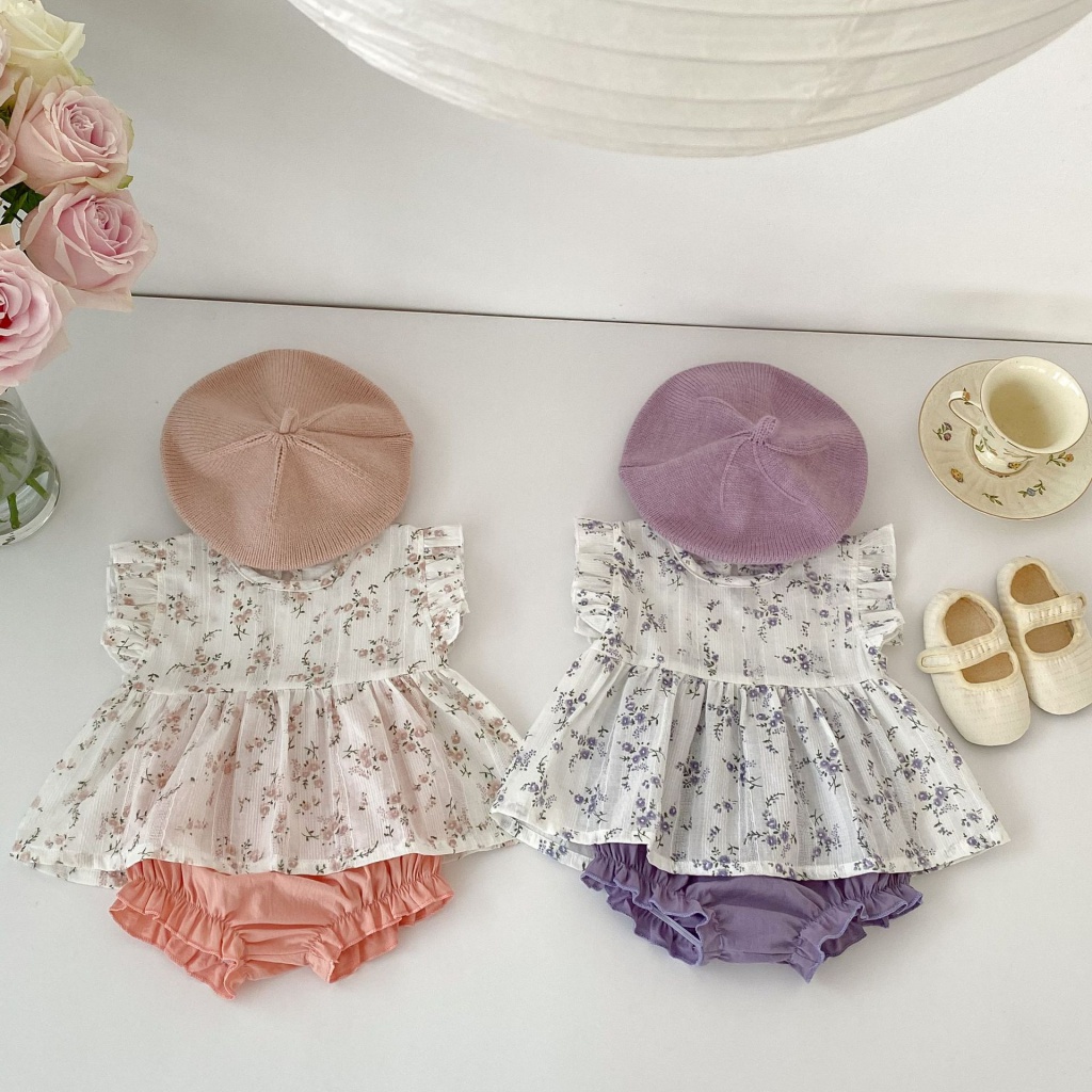 Set Đồ Mùa Hè Gồm Áo Tay Bay In Họa Tiết Hoa + Quần Ngắn Nở Cho Bé Gái AZF2