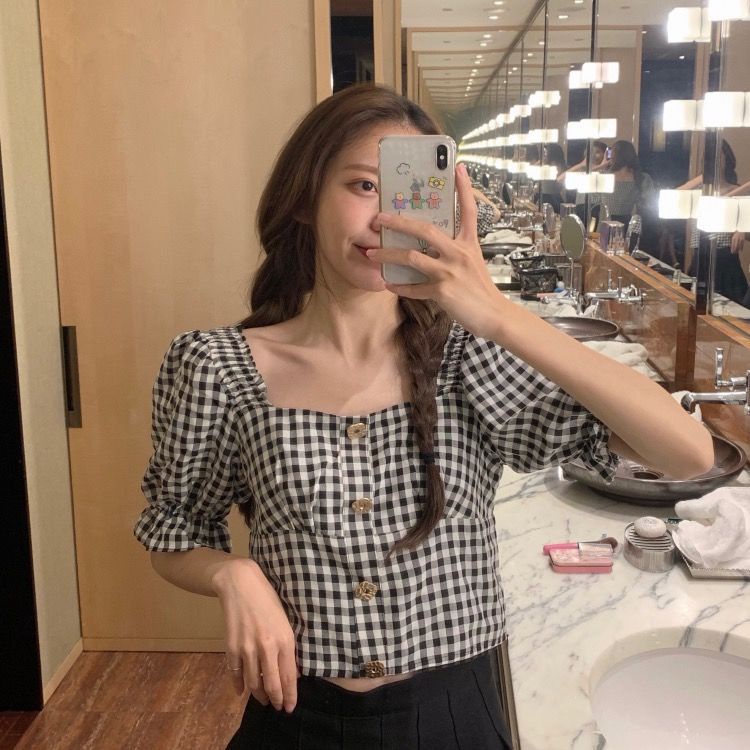 Áo Kiểu Tay Phồng Ngắn Dáng Ôm Thời Trang Hàn Quốc Xinh Xắn Cho Nữ