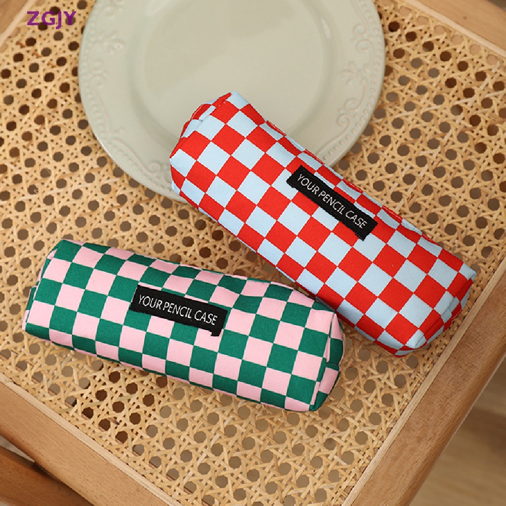 Túi Đựng Bút Chì / Mỹ Phẩm Bằng Vải Bạt Kẻ Sọc Caro Sức Chứa Lớn Sáng Tạo Mới