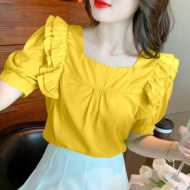 Áo Kiểu Tay Ngắn Cổ Vuông Màu Trơn Thời Trang Mùa Hè Xinh Xắn Cho Nữ