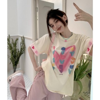Áo Thun Ngắn Tay Dáng Rộng In Họa Tiết Hoa / Trái Tim Xinh Xắn