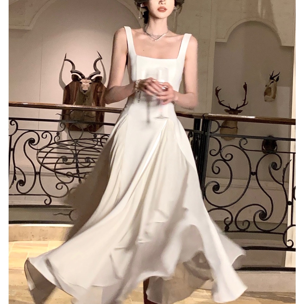 Đầm Hai Dây Mùa Hè 2023 Phong Cách Pháp Màu Trắng Thiết Kế Chất Lượng Cao Cho Nữ