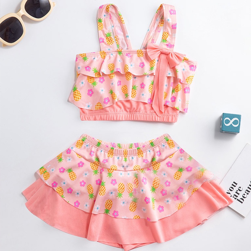Bộ Đồ Bơi Hai Mảnh Áo + Chân Váy + Quần Short Phong Cách Công Chúa AKKU Dành Cho Bé Gái