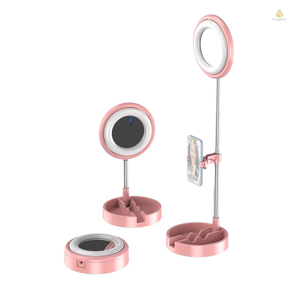 Vòng Đèn Led Tròn Gắn Gương Trang Điểm Có Thể Gập Lại Kèm Giá Đỡ Điện Thoại 3 Màu 5 Mức Độ Sáng Hỗ Trợ Quay Video Chụp Ảnh