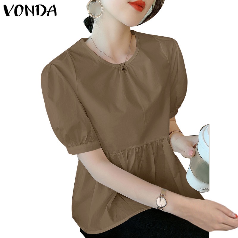 Áo kiểu VONDA tay phồng cổ tròn xếp ly màu trơn phong cách Hàn Quốc thời trang cho nữ