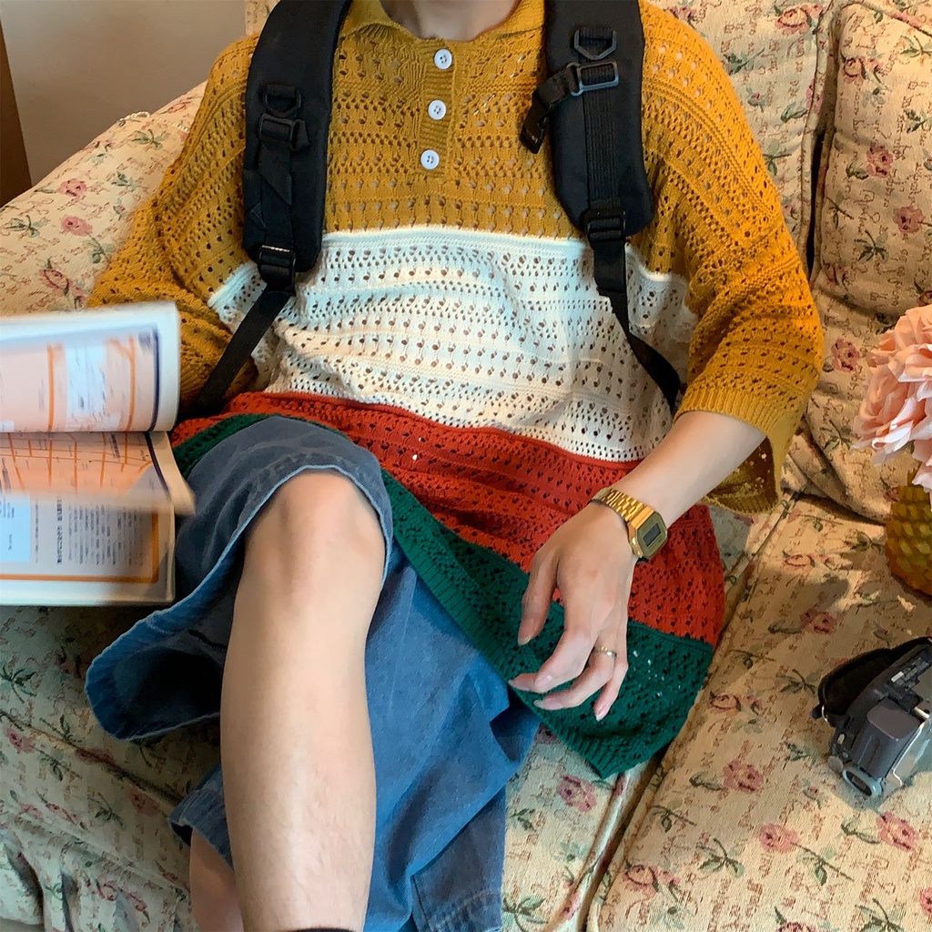 Áo Thun POLO Dệt Kim Ngắn Tay Họa Tiết Kẻ Sọc Nhiều Màu Sắc Thời Trang Cho Nam