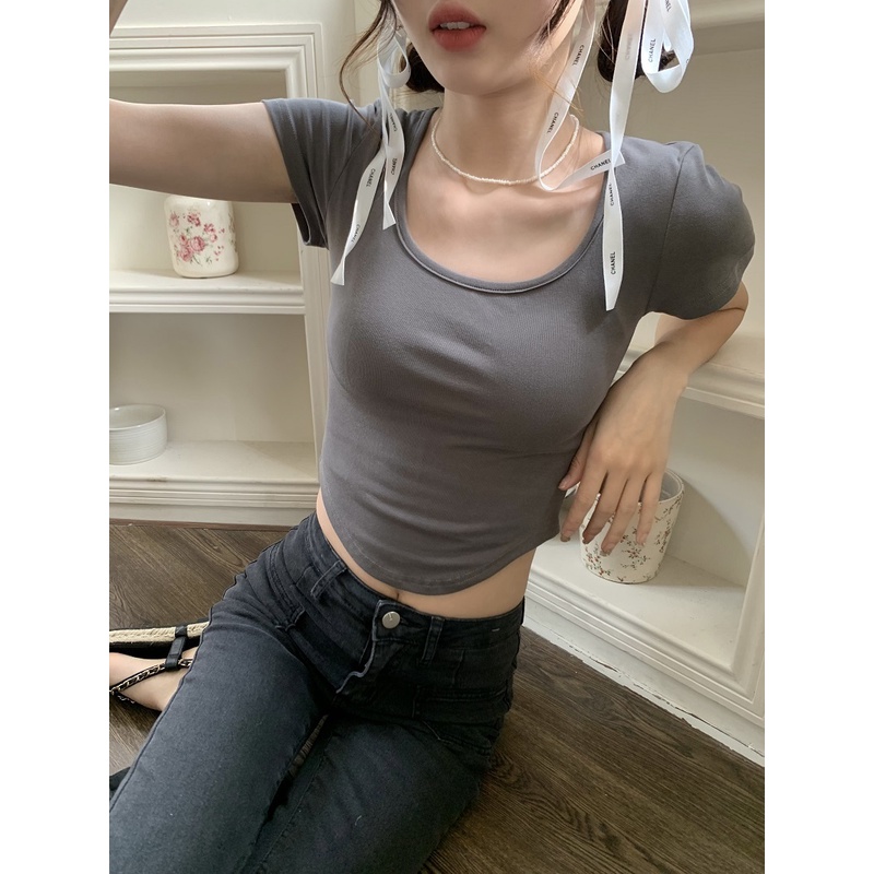 Áo Thun Ngắn Tay Cổ Chữ U Lệch Vai Thời Trang Mùa Hè Cho Nữ