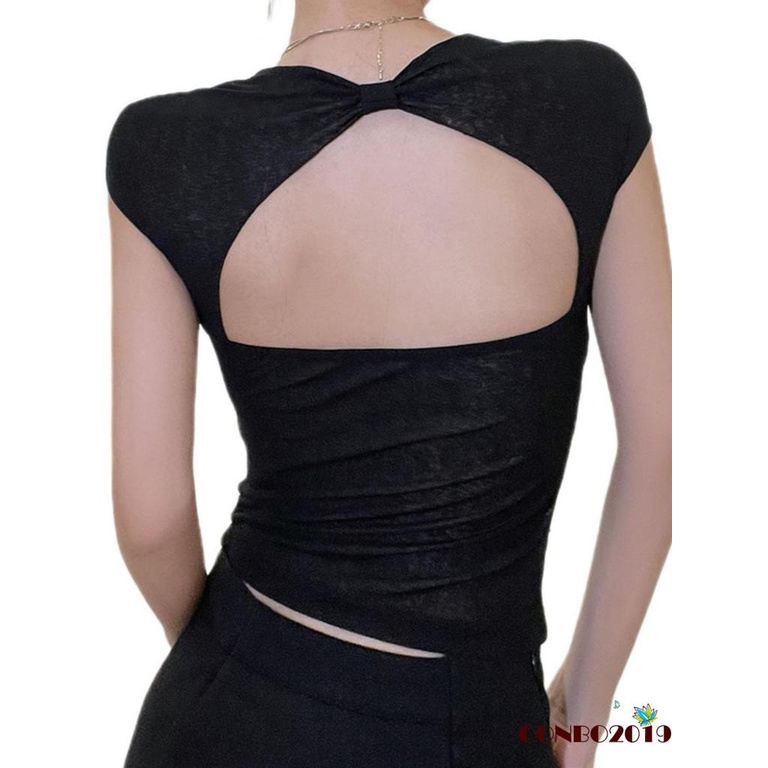 Áo Thun Crop Top Tay Ngắn Cổ Chữ V Màu Đen Trơn Thời Trang Xuân Hè Cho Nữ