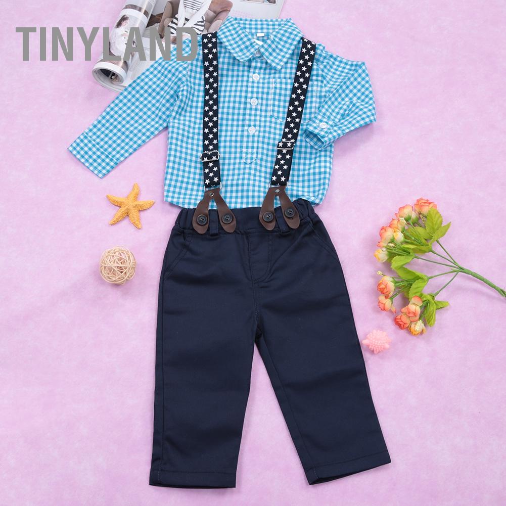 TinyLand 2 chiếc áo sơ mi kẻ sọc dài tay quần yếm jeans có dây treo