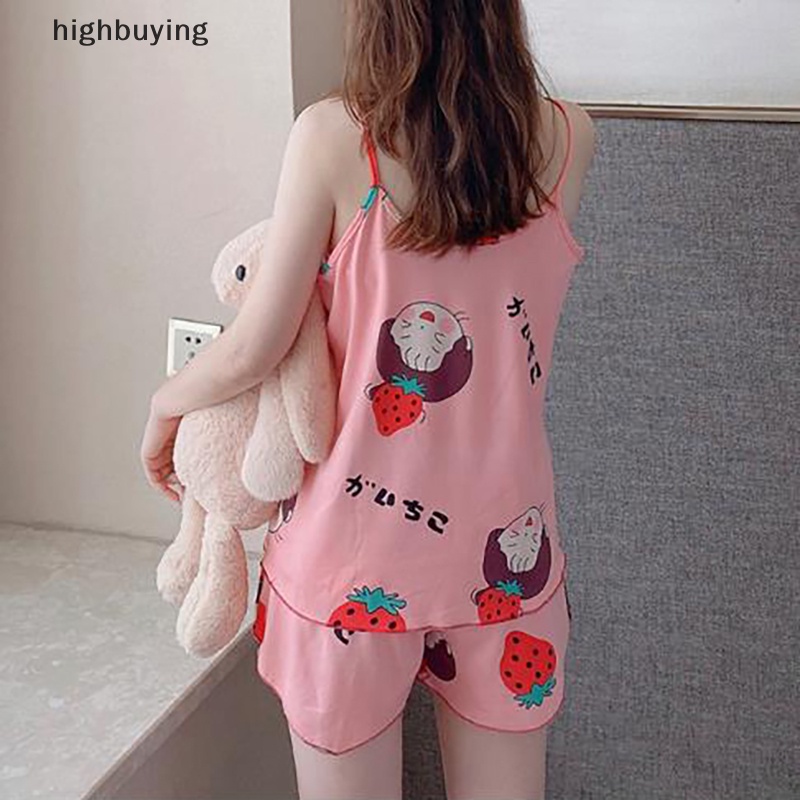 Bộ Đồ Ngủ 2 Mảnh Áo Hai Dây Phối Quần Short Dáng Rộng In Hoạt Hình Thời Trang Mùa Hè Cho Bạn Gái