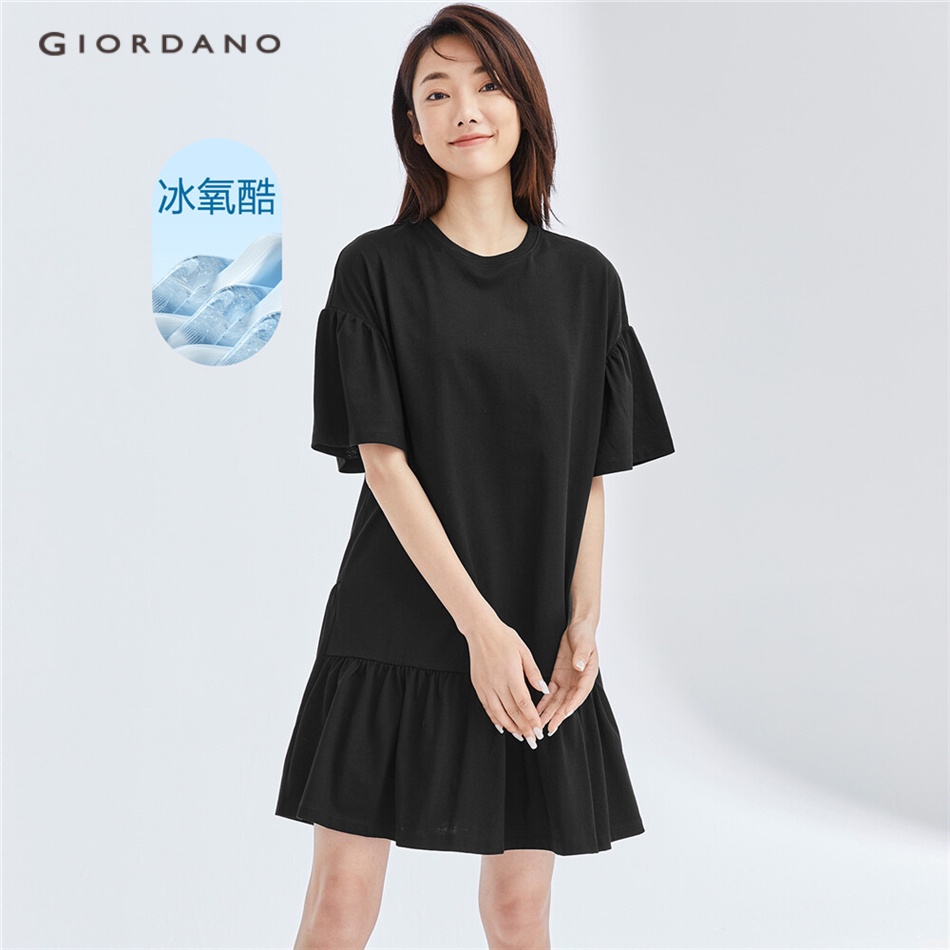 Đầm GIORDANO 05463463 dệt kim viền nhún bèo cổ tròn làm mát oxy công nghệ cao dành cho nữ