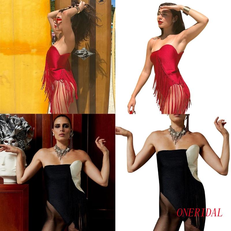 Áo Liền Quần Không Dây Hở Vai Phối Tua Rua Thời Trang Cho Nữ