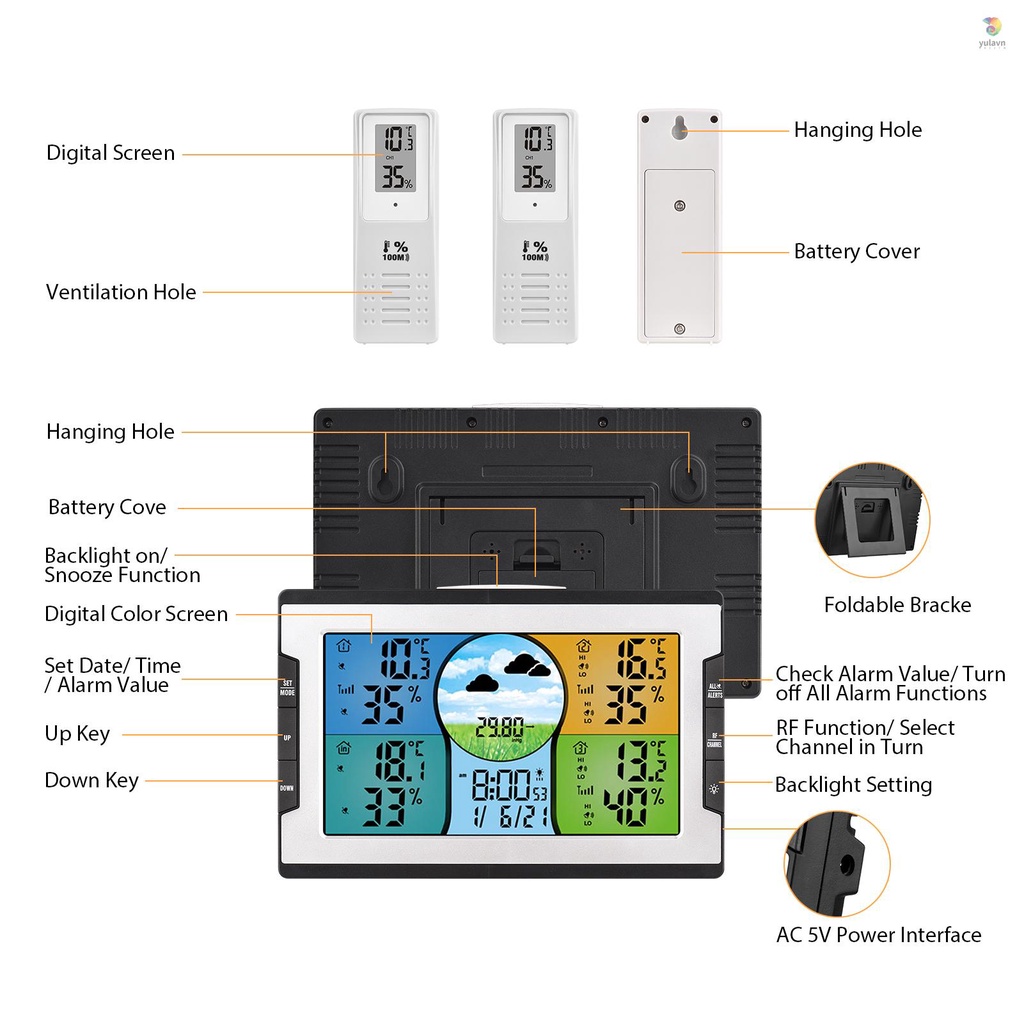 Trạm Thời Tiết Kỹ Thuật Số Với 3 Cảm Biến Điều Khiển Từ Xa 328ft / 100m