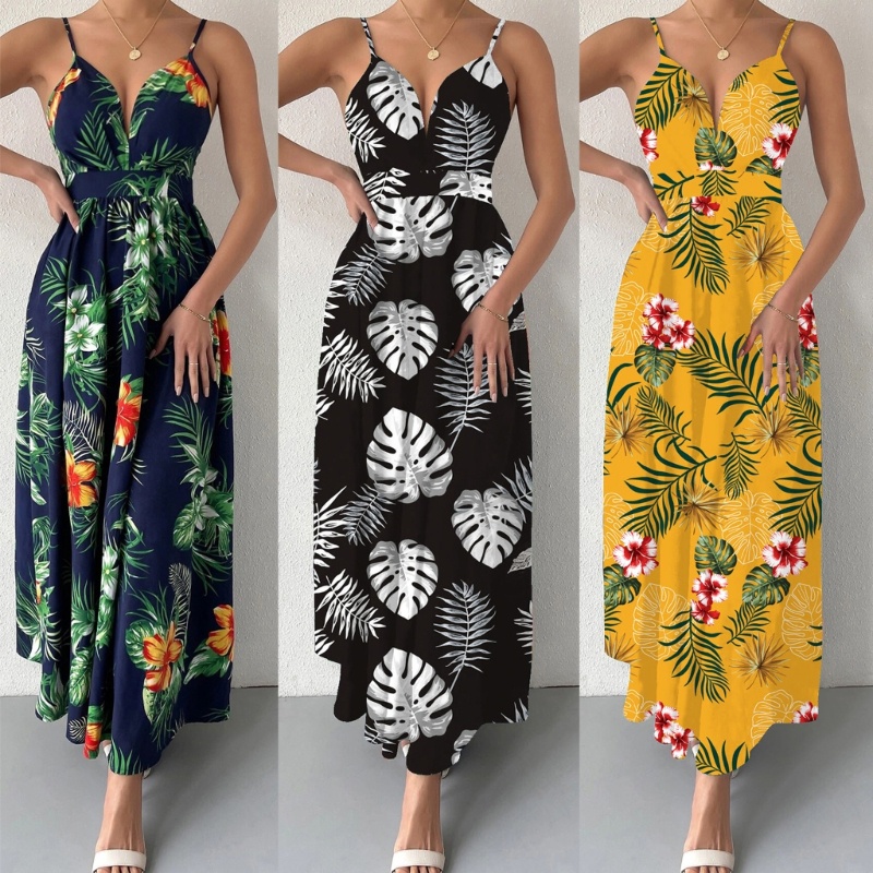 Đầm Dài Dáng Chữ A Hở Lưng In Họa Tiết Hoa Lá Thời Trang Mùa Hè Xinh Xắn Cho Nữ