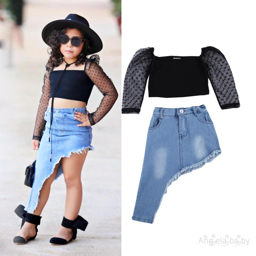 Đầm Denim Cổ Vuông Tay Dài Họa Tiết Chấm Bi Dễ Thương Cho Bé Gái