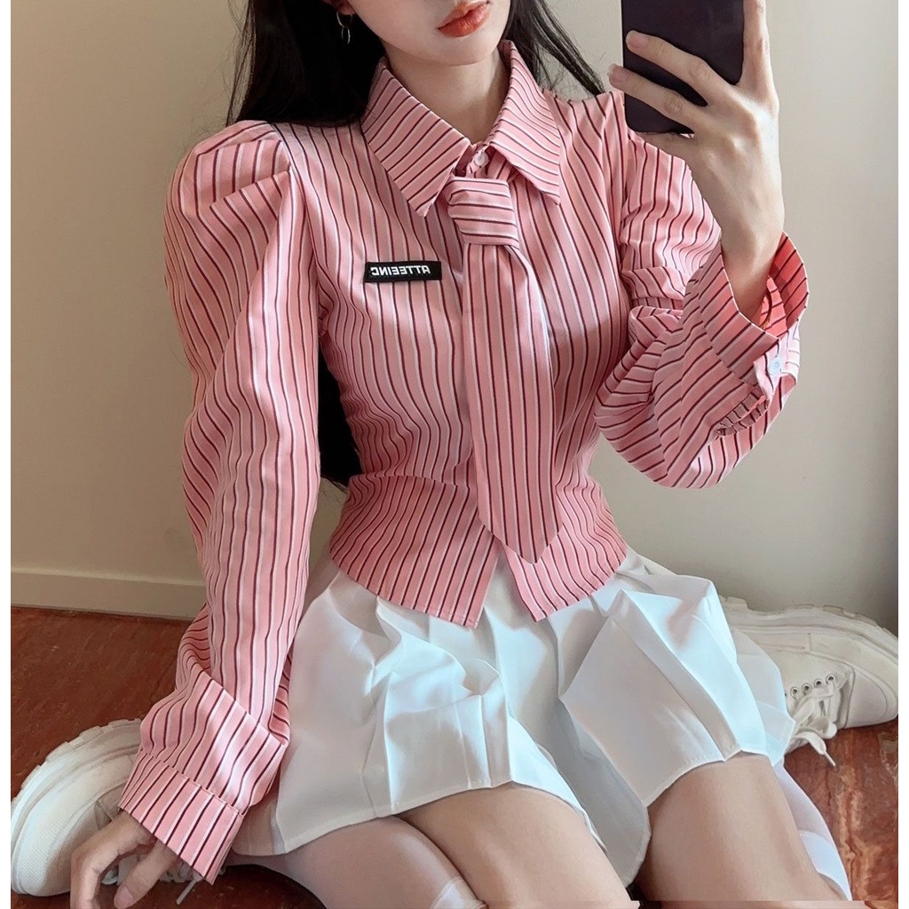 Áo Sơ Mi Tay Dài Dáng Ôm Họa Tiết Kẻ Sọc Phong Cách Hàn Quốc Thời Trang Cho Nữ