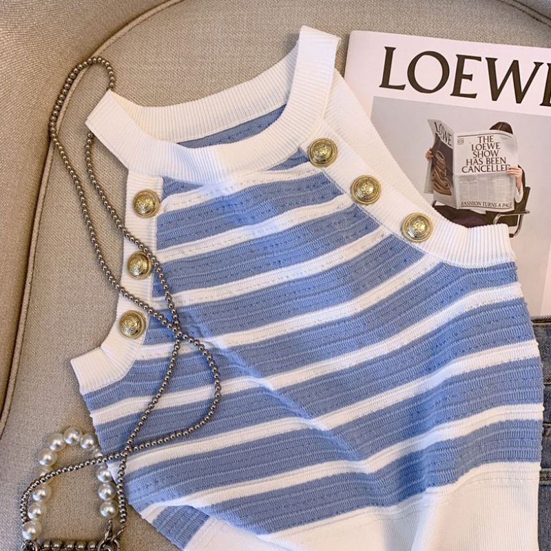 New French-style striped knitted shirt for girls sleeveless camisole slim-fit hot girl top