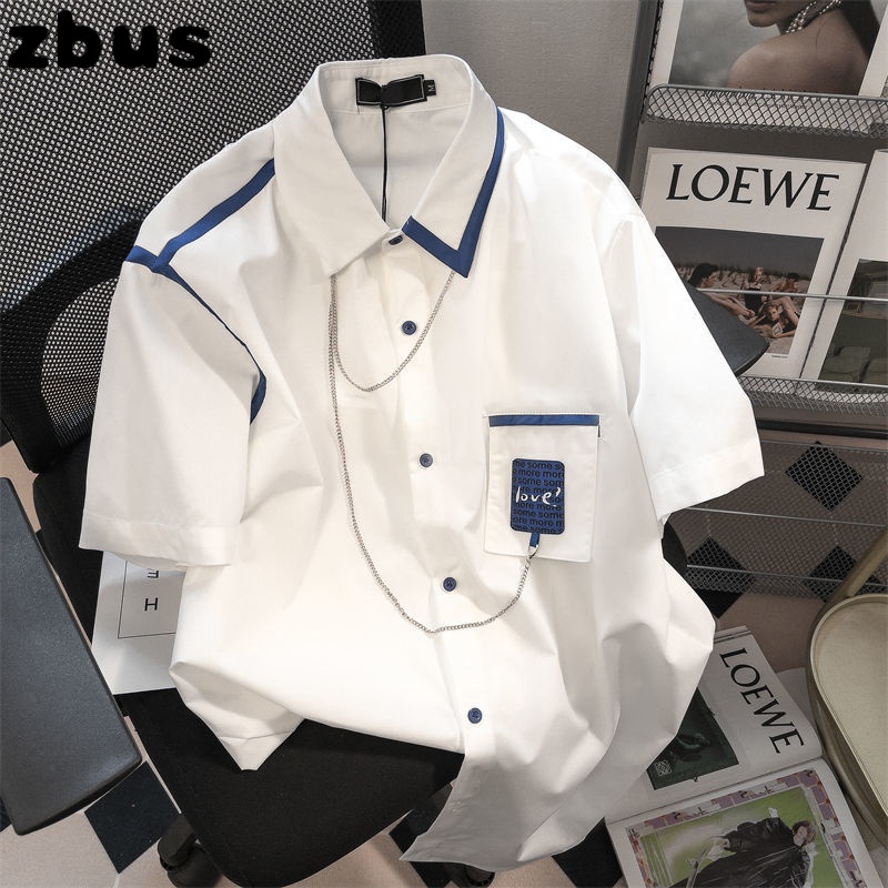 【Zbus】 áo dạ tay ngắn sơ mi áo sơ mi nữ áo sơ mi kiểu set áo trễ vai quần ống rộng Áo sơ mi Hàn Quốc dáng rộng kẻ sọc nhiều màu Ulzzang Áo Sơ Mi Tay Ngắn Dáng Rộng Phối Dây Xích Phong Cách chic Hồng Kông Nhật Bản Thời Trang Mùa Hè Xin