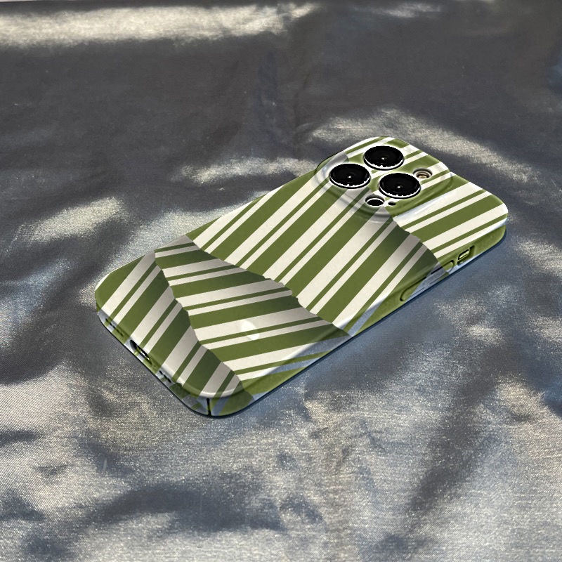 Ốp Điện Thoại Họa Tiết Kẻ Sọc Màu Xanh Lá Phong Cách Hàn Quốc Sang Trọng Cho iPhone13 78ON 12 14Pro / XR Max
