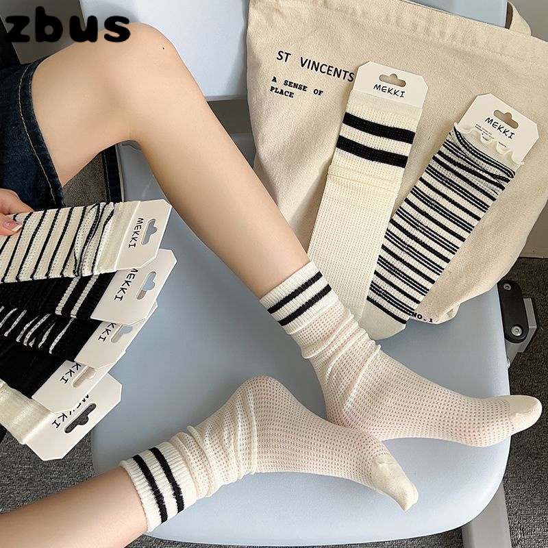 【Zbus】 vớ chân chống nắng Tất nữ cổ ngắn Vớ Cotton Mỏng Cổ Cao Vừa Phối Lưới Họa Tiết Kẻ Sọc Trắng Đen Thời Trang Xuân Hè Cho Nữ