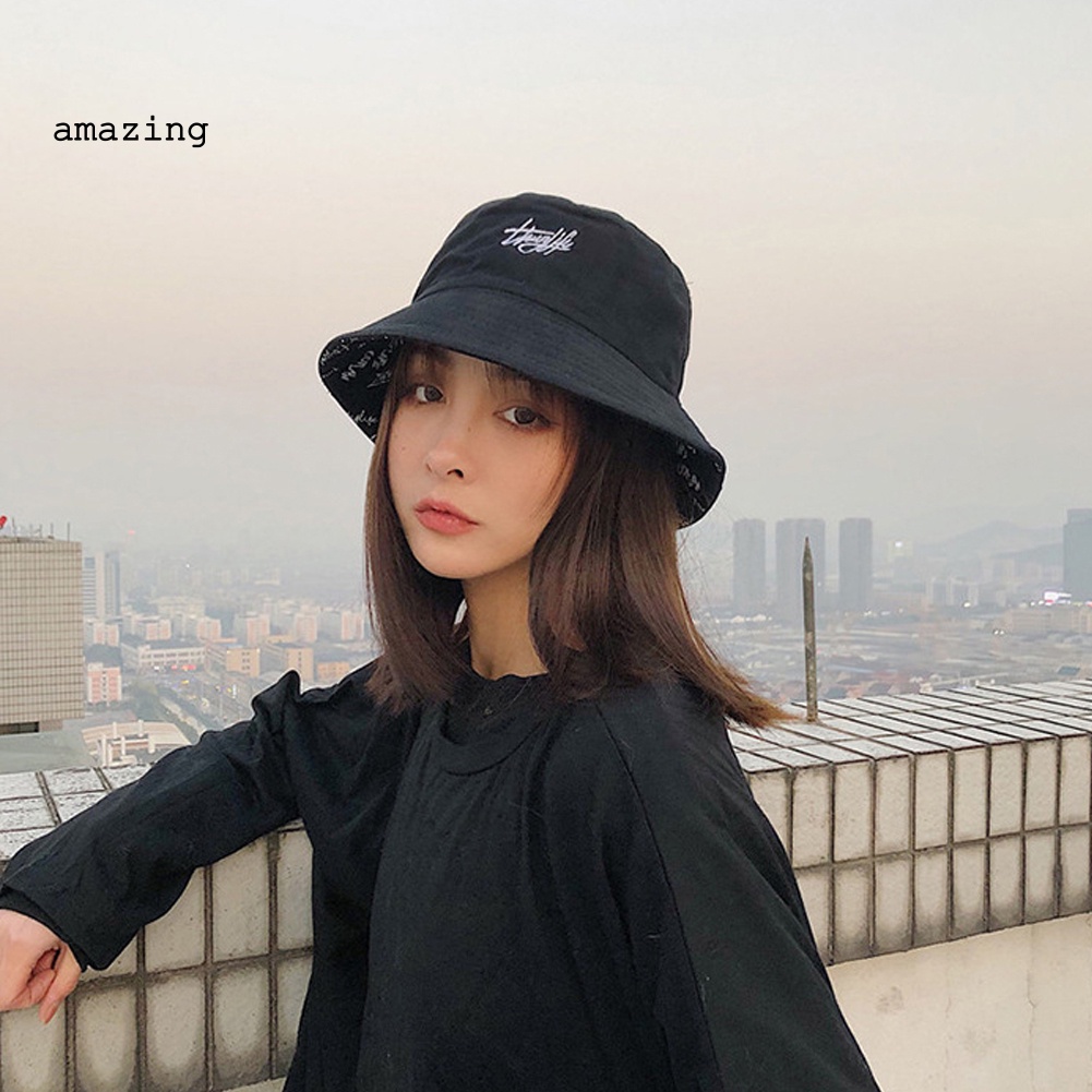Mũ Bucket Chống Nắng Chất Liệu Cotton In Chữ Tiếng Anh Có Thể Đảo Ngược Thời Trang Cho Nữ