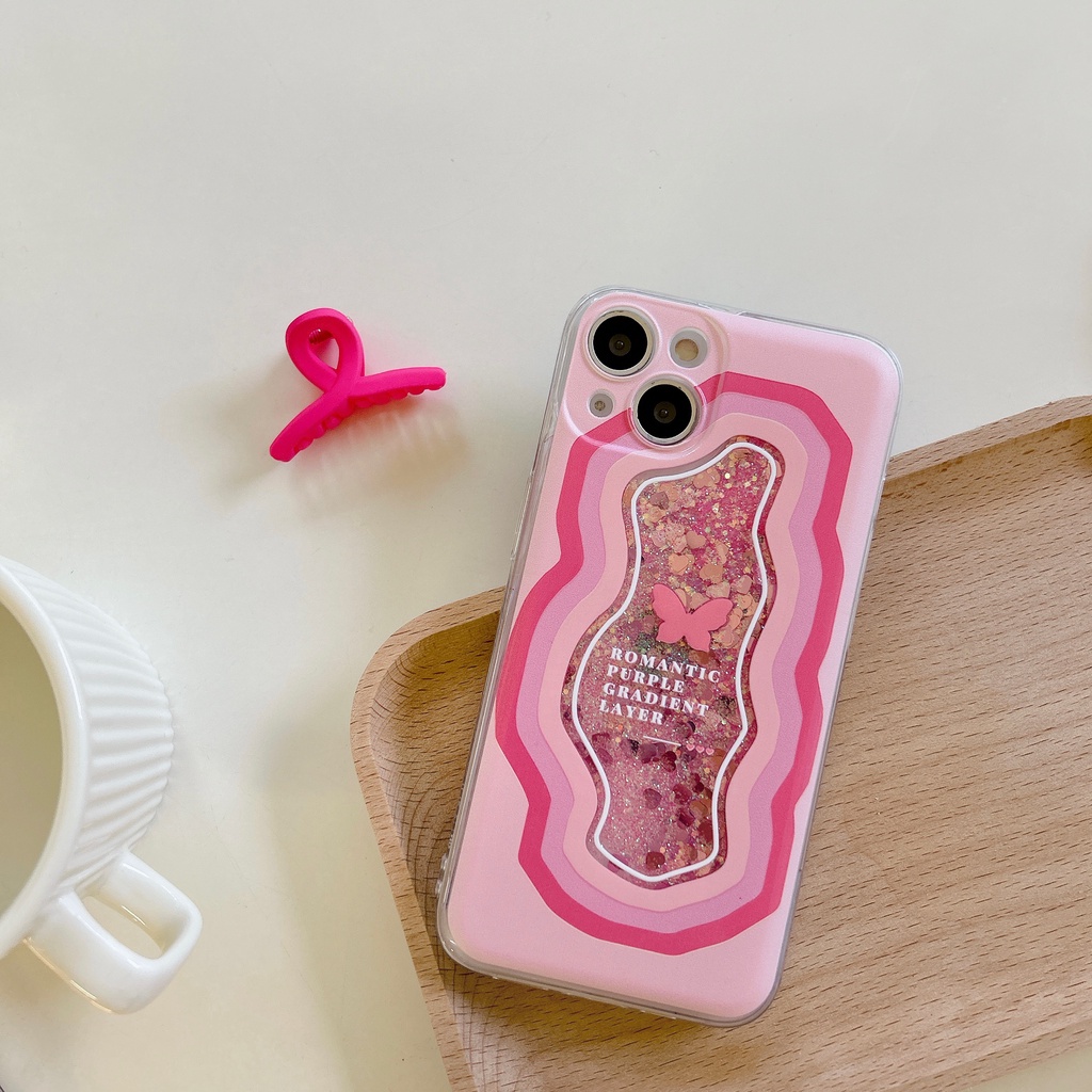 Ốp Điện Thoại TPU Dẻo Họa Tiết Bươm Bướm Màu Hồng Có Nước Kim Tuyến Lấp Lánh Cho iPhone11 12 13 14 Pro Max