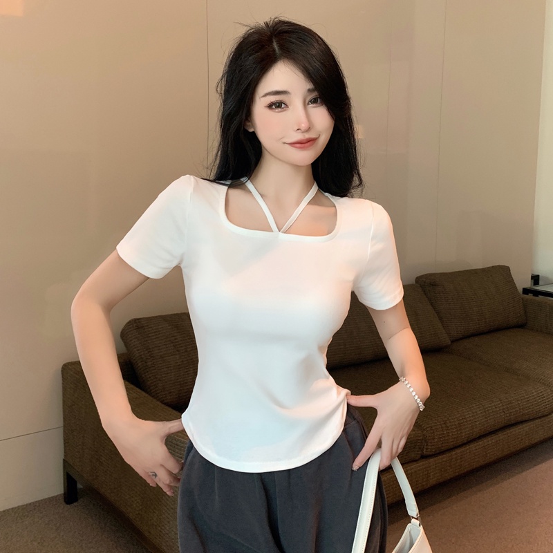 SUXI Áo Thun Tay Ngắn Cổ Vuông Màu Trơn Thời Trang Mùa Hè Cho Nữ