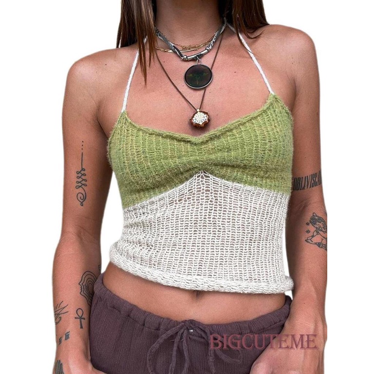 [] - Áo Croptop Dệt Kim Không Tay Ôm Dáng Vừa Vặn Màu Sắc Tương Phản Cho Nữ