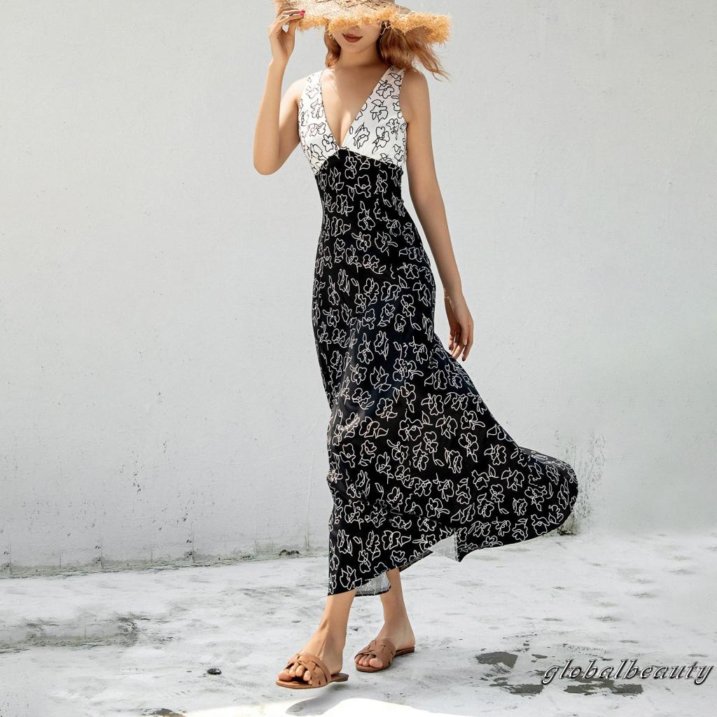 Đầm Dài Không Tay Cổ Chữ V Hở Lưng In Họa Tiết Hoa Dành Cho Nữ Dự Tiệc Cocktail