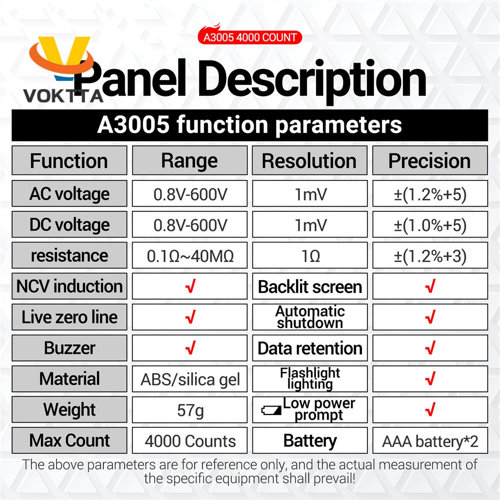 Bút đo điện kỹ thuật số VOKTTA A3005 DC AC 4000 lần đếm cho phòng thí nghiệm/ nhà máy