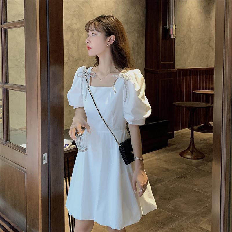 Đầm Chữ A Tay Ngắn Phồng Cổ Vuông Thắt Nơ Dáng Ôm Thời Trang Mùa Hè Hàn Quốc Mới