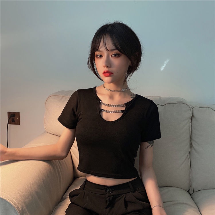 Áo Thun Tay Ngắn Cổ Tròn Dáng Ôm Thiết Kế Đục Lỗ Thời Trang Mùa Hè Quyến Rũ Cho Nữ