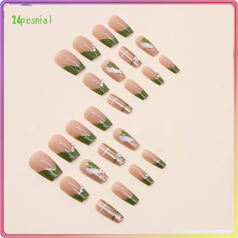Móng Tay Giả Ngắn Màu Xanh Lá Đính Đá Dễ Thương Tươi Tắn Phong Cách Pháp Mùa Hè/Móng Tay Giả 3d / Móng Tay Giả Kèm Keo Móng Dài/ nơ kèm keo dán dễ thương xinh xắn