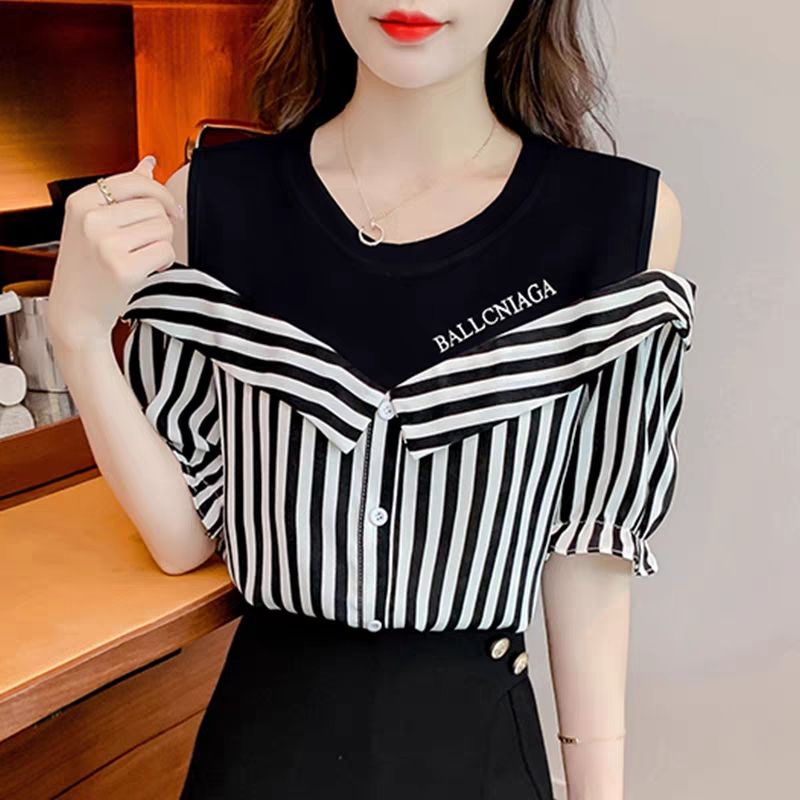 Áo Thun Ngắn Tay Giả Hai Lớp Họa Tiết Sọc Thời Trang Dành Cho Nữ