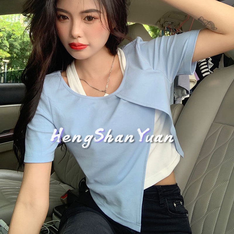 Áo Thun Ngắn Tay Giả Hai Lớp Phong Cách Hàn Quốc Thời Trang Mùa Hè Dành Cho Nữ