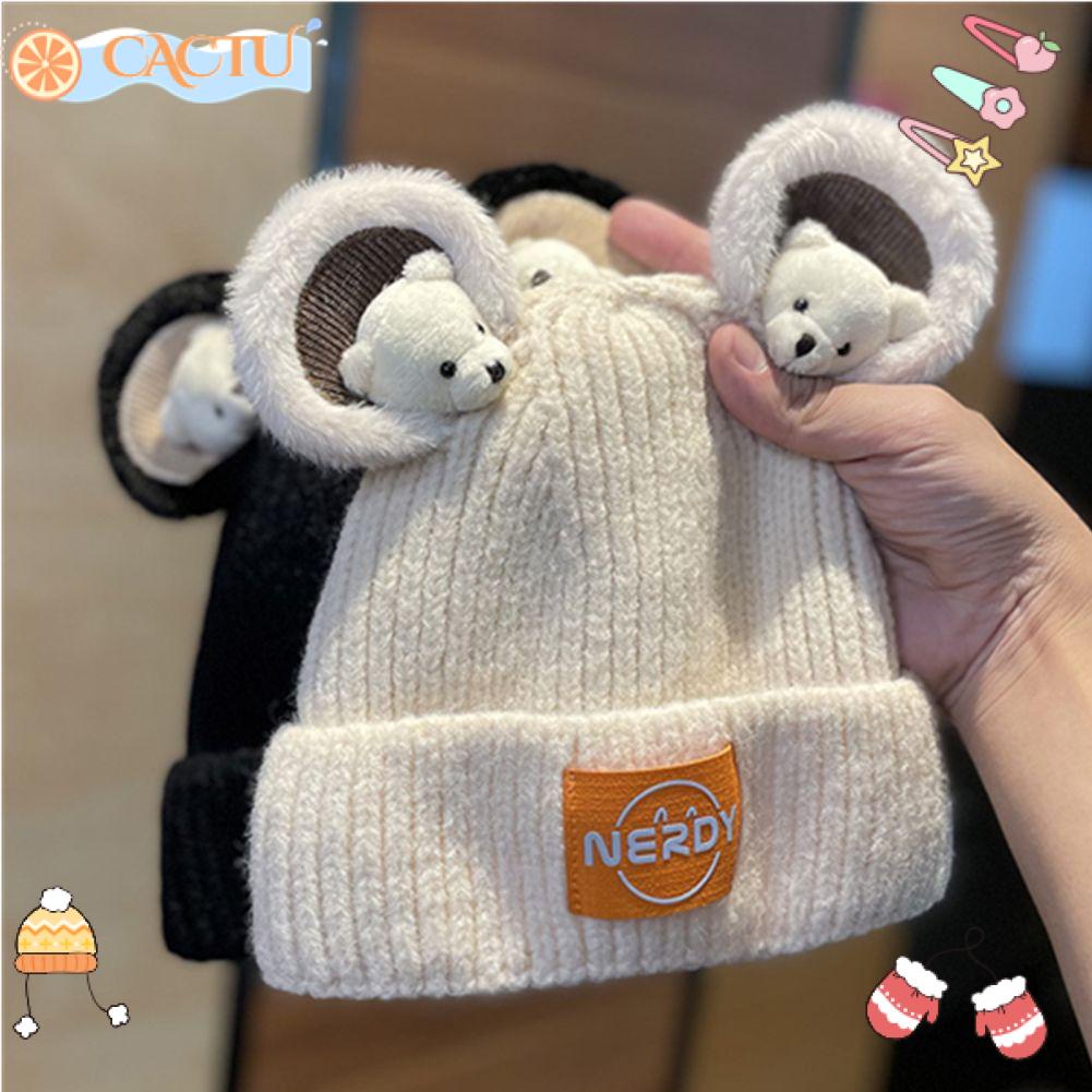 Mũ Beanie Mềm Mại Co Giãn Cao Màu Trơn Đính Tai Gấu Hoạt Hình Thời Trang Mùa Đông