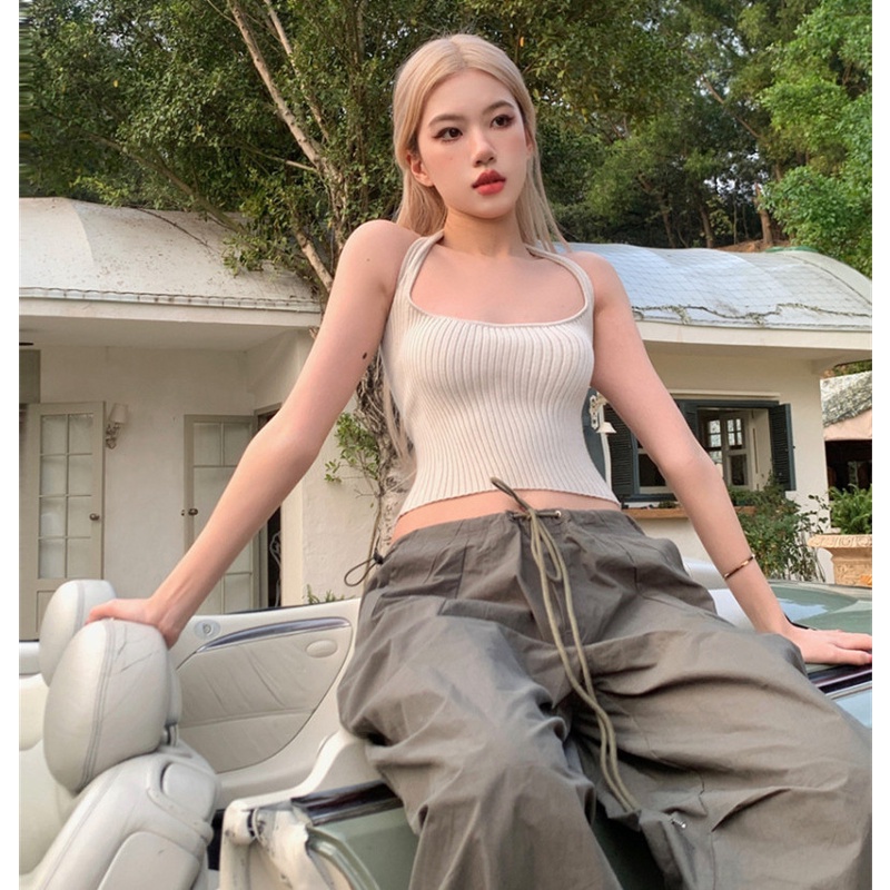 Áo Hai Dây Dệt Kim Màu Sắc Đơn Giản Quyến Rũ Cho Nữ