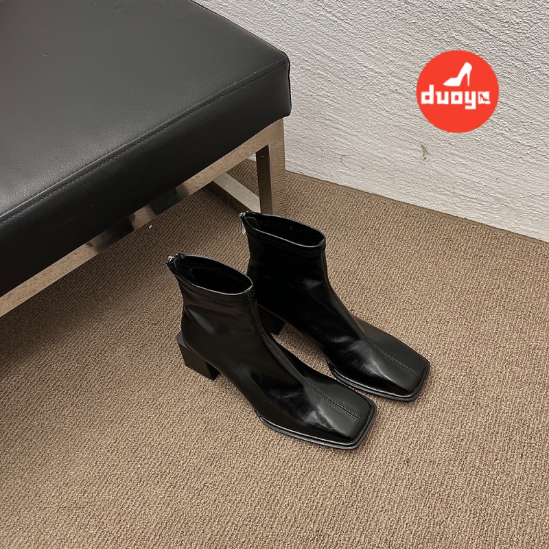 Duoya Hair Thẳng ~ [Hàng Có Sẵn] Giày Bốt Cao Gót Mũi Vuông Gót Dày Vừa Bằng Da Mềm Màu Trắng Dongdaemun Hàn Quốc