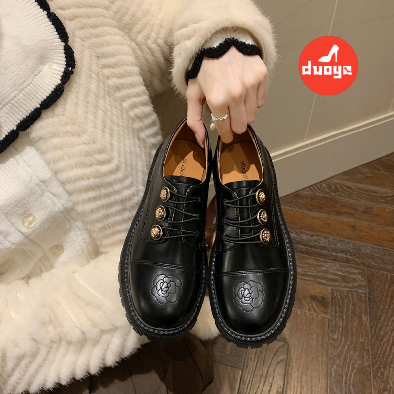 Duoya Giày Da Đế Dày Thêu Họa Tiết Phong Cách Hepburn Cổ Điển Thời Trang Mùa Xuân 2023 Cho Nữ
