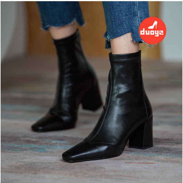 Duoya Thẳng Hàng Từ Nhà Máy ~ [Hàng Có Sẵn] Giày Bốt Cao Gót Cổ Ngắn Mỏng Màu Nâu Phong Cách Retro Thu Đông Cho Nữ