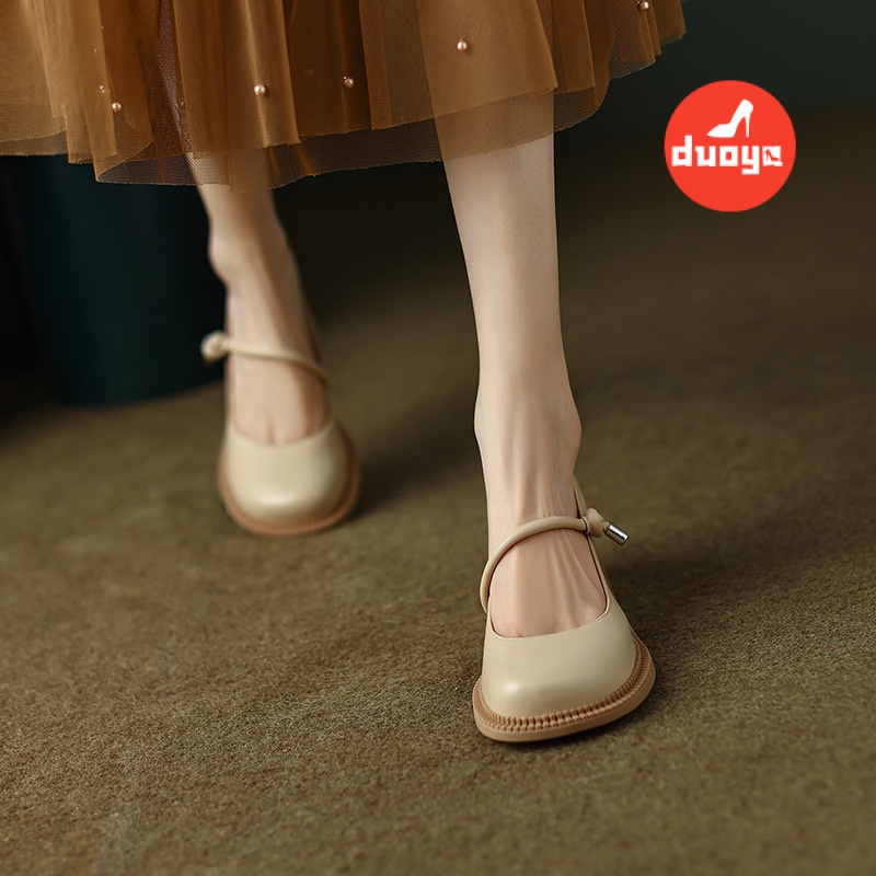 Duoya Tóc Thẳng ~ [Hàng Có Sẵn] Giày Cao Gót Mũi Tròn Bằng Da Thật Mềm Mại Thoải Mái Dễ Phối Đồ Cho Nữ Giới