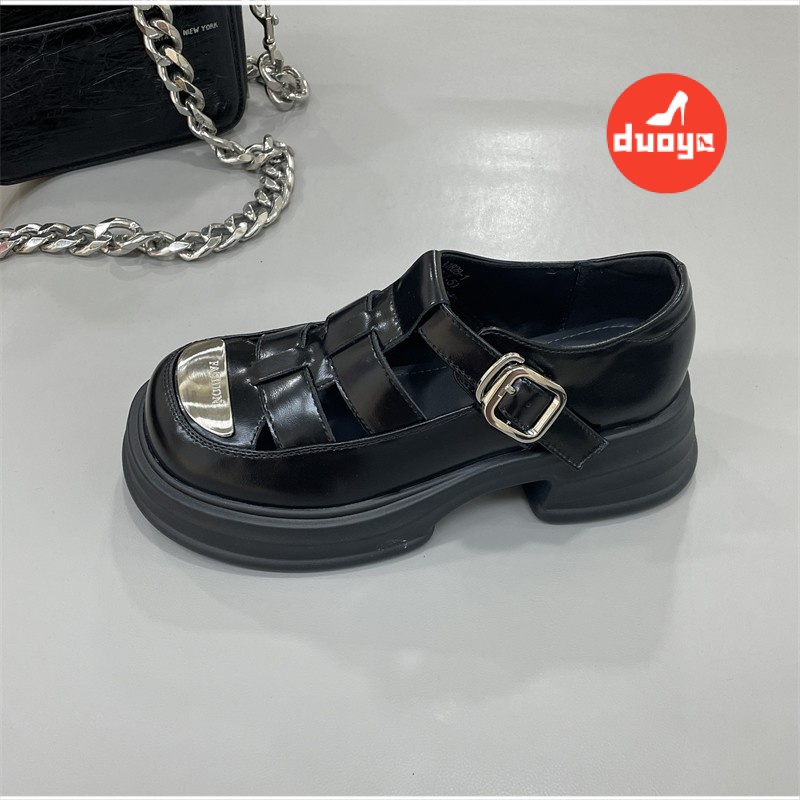 Duoya Tóc Thẳng ~ [Hàng Có Sẵn] Giày Sandal Đế Dày Bằng Da Thật Đế Kim Loại Rỗng Thoáng Khí Phong Cách La Mã Hợp Thời Trang Tăng Chiều Cao Miễn Phí Vận Chuyển