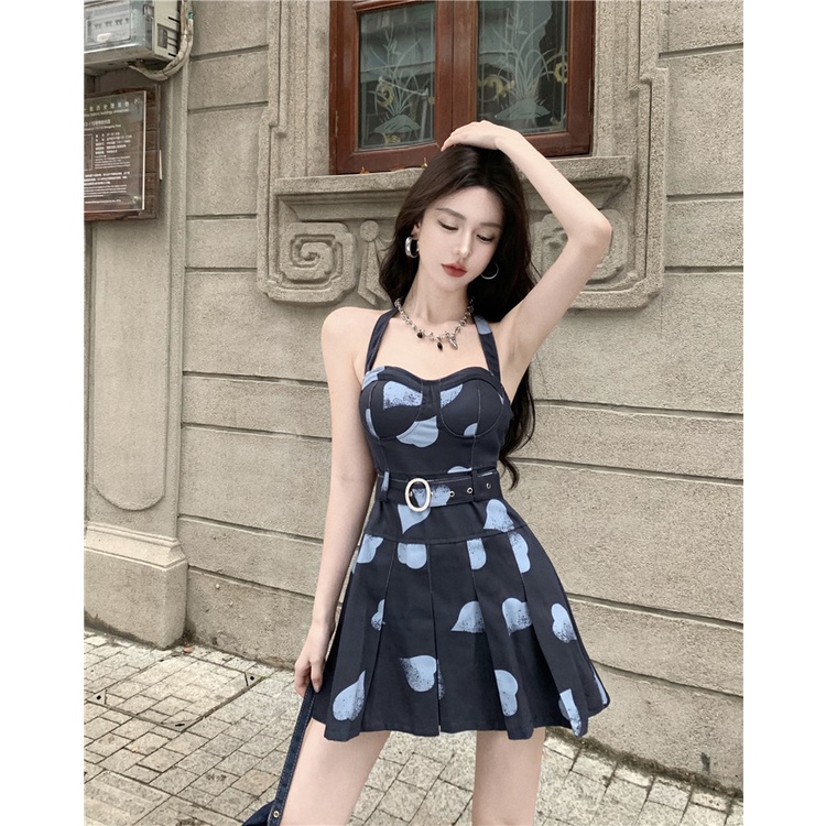 Hot Đầm Ngắn Xếp Ly Eo Hẹp In Họa Tiết Trái Tim Phong Cách Trẻ Trung Cho Nữ