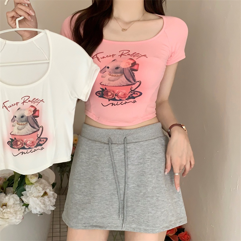 Áo Thun Croptop Ngắn Tay In Họa Tiết Thỏ Và Ly Trà Sữa Ngọt Ngào Dễ Thương Cho Nữ