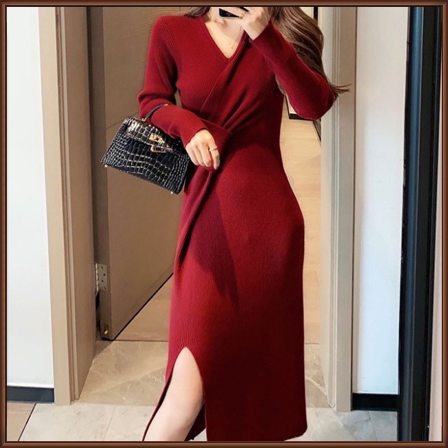 Đầm Dệt Kim Tay Dài Cổ Chữ V Xẻ Tà Màu Sắc Đơn Giản Phong Cách Retro Dành Cho Nữ