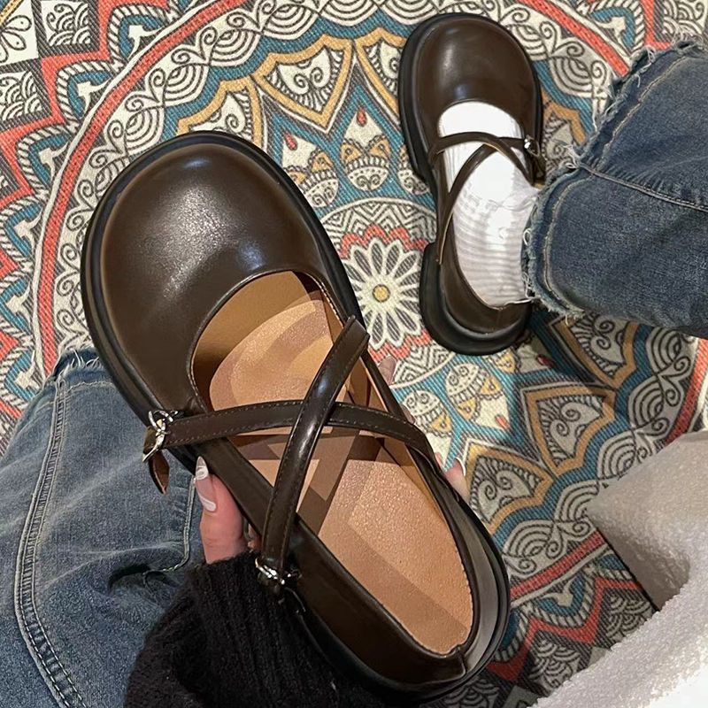 Vintage Hunch dày đế giày da nhỏ phong cách mới nhẹ miệng dày gót Pháp Mary Jean giày